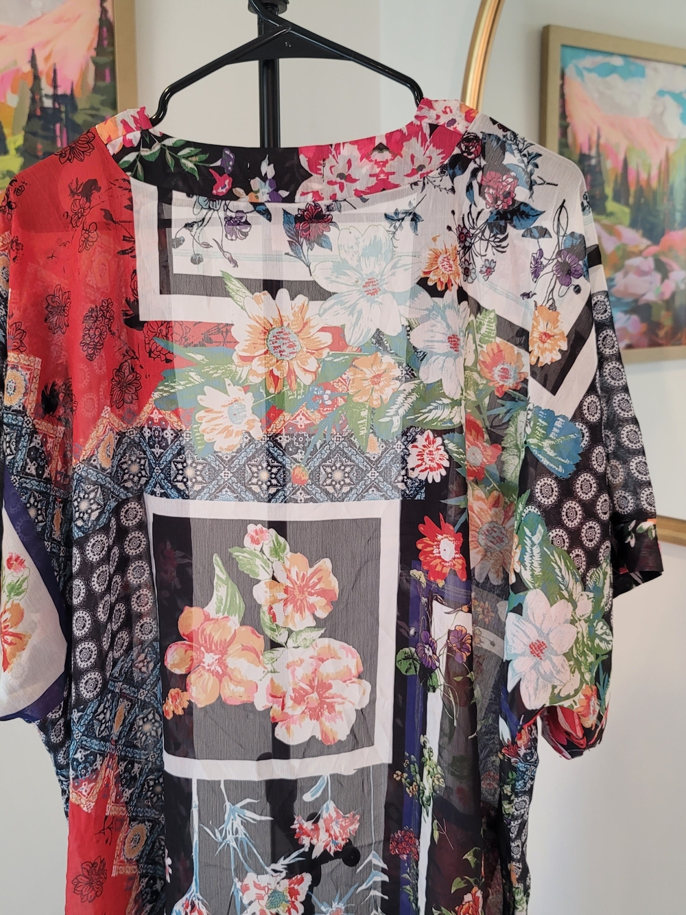 EUC RACHEL ZOE Patchwork Floral Kimono Robe Pockets Boho Women's Size OS - Picture 6 of 10